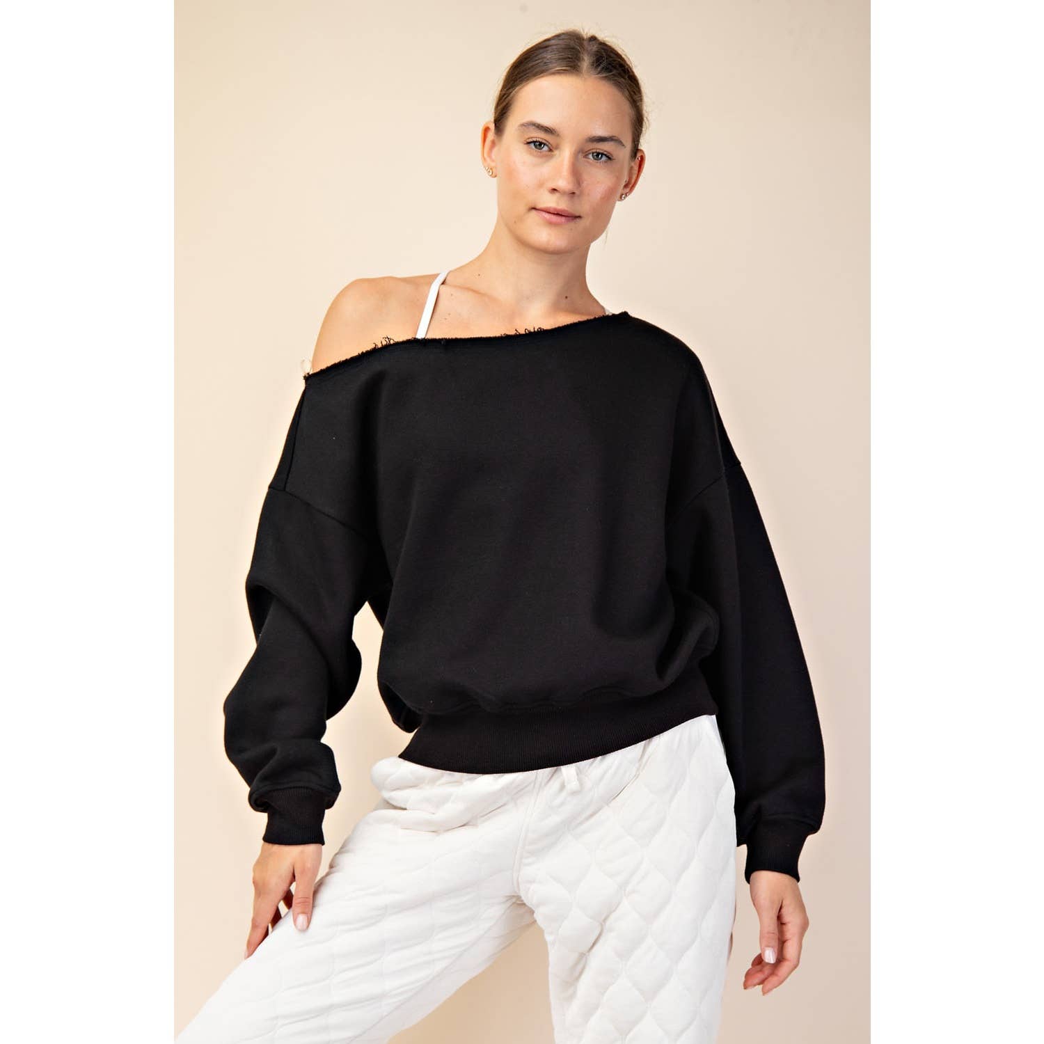 FRENCH TERRY FLEECE OFF SHOULDER TOP